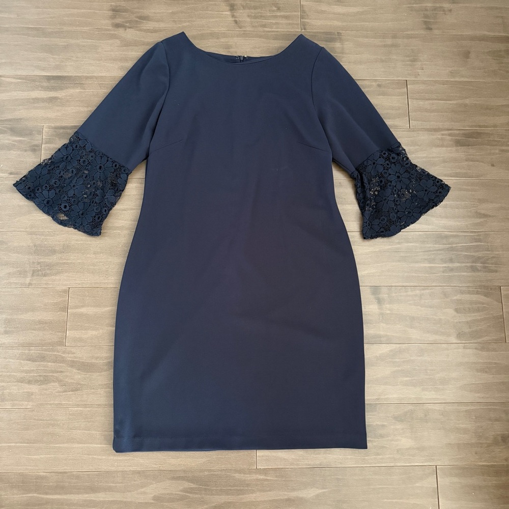 Sharagano Navy Dress with Lace Bell Sleeves Sheath Dress size 14